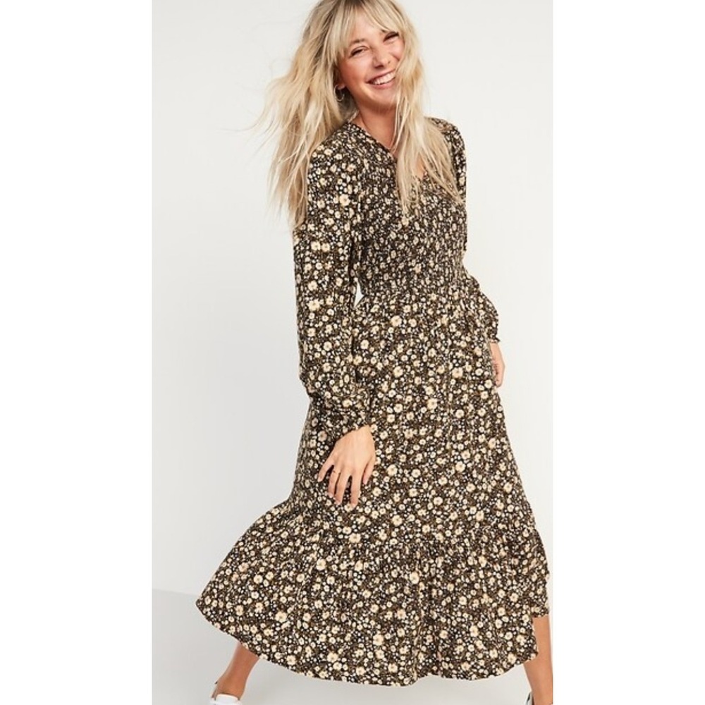 Old Navy Smocked Bodice Ditsy Floral Midi Dress Long Sleeve Boho‎ Cottagecore Lg